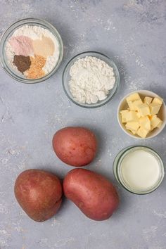 potatoes, milk, and other ingredients are arranged in bowls