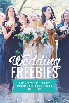 the wedding freebies book cover with bridesmaids laughing and holding bouquets in their hands