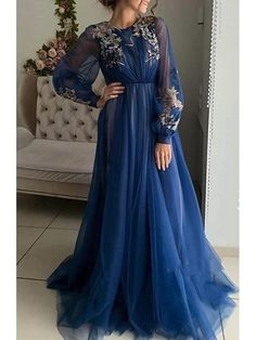 Long Dress For Indian Wedding, Aline Prom Dress Long Sleeve, Party Wear Dresses Western Gown, Modest Blue Prom Dresses, Floral Dress Wedding Guest, Formal Ball Gown, Professional Dress, Floral Wedding Dress, Long Sleeve Prom