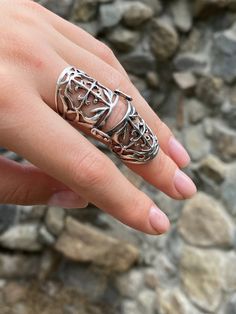 It is designed so as not to interfere with the finger movements, and you will want to wear it all day long. Armor full finger Ring shield ring sterling silver armor ring Knuckle joint ring Vintage armor ring Full finger long ring Armenian silver Worldwide tracked shipping 3-5 weeks NOTE. Please choose your exact size , as the band is wide we make it a bit larger For more Double rings chech here https://www.etsy.com/listing/862258018/double-ring-chain-ring-double-chain-ring?ref=shop_home_active_1 Whole Finger Ring, Big Finger Rings, Finger Rings Silver, Chunky Rings Silver, Armor Rings, Armor Jewelry, Finger Armor, Long Rings, Silver Armor