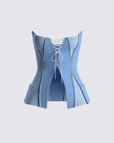 Unleash your inner denim diva with this strapless sensation 💙 Constructed from denim fabric, this top features color-blocking, lace-up details, contrast stitching, and a side zipper - making you the star of every show 💅 Blue Denim Top, Denim Corset, Denim Top, Denim Fabric, The Star, Side Zipper, Diva, Blue Denim, Stitching