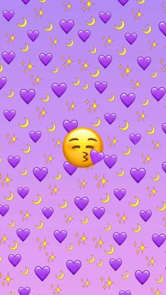 a purple background with hearts, stars and an emoticive smiley face in the middle