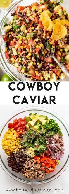 a bowl filled with black beans, corn and guacamole next to the words cowboy caviar