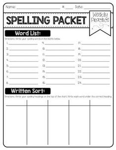 spelling packet with words and numbers on the page, which is in black and white