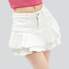 Introducing the 2023 Summer Collection's White Ruffle Skater Denim Skirt â€?a laid-back-trend masterpiece that's taking the fashion world by storm!Why It's Your Next Must-HaveThis mid-rise skater skirt is the perfect combination of edge and elegance. Fusing the quintessential denim look with a ruffle detail. it's the epitome of fashion streetwear style. From the durable. premium-quality denim fabric to the zipper and button closure. every detail has been carefully crafted to ensure you look and feel amazing.Distinctive Features: Street-Trend Inspiration: With a ruffle detail and mid-waist fit. this skirt is the perfect reflection of the latest city-style vibes. Monochrome Magic: Available in a traditional white hue. this skirt pairs effortlessly with any outfit. Skater Cut: Patterned for a Trendy Denim Jacket, Denim Skirts Online, Trendy Denim, Street Trends, Street Style Trends, Streetwear Style, Fashion World, Dressy Outfits, Fashion Streetwear