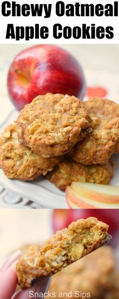 chewy oatmeal apple cookies on a plate with an apple in the background