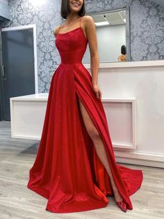 Satin Long Prom Dress, Prom Dress Red, Red Prom Dress Long, Backless Evening Gowns, Burgundy Evening Dress, Backless Evening Dress, Prom Dresses With Pockets, Womens Prom Dresses, Evening Party Gowns