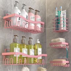 bathroom shelves with soaps, shampoos and other items hanging on the wall