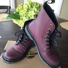 Dr. Martens Luana Boot In Cherry Red. Rounded Toe With Iconic Yellow Seam. Worn 3 Times. Look Practically Brand New. Very Mild Creasing. Original Box Included. Red Synthetic Lace-up Boots, Synthetic Boots With Red Sole And Round Toe, Winter Boots With Red Sole In Synthetic Material, Red Ankle Combat Boots For Fall, Red Leather Ankle Martin Boots, Red Moto Boots With Round Toe For Fall, Red Synthetic Ankle Boots, Burgundy Lace-up Boots For Fall, Red High-top Synthetic Boots