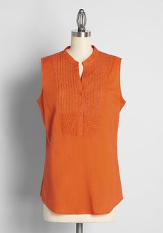 With a cottagecore flare, this burnt orange sleeveless top is sure to become a go-to in your collection. Made from a lightweight, breathable cotton fabric, this sweet top boasts a collar with half button-up closure, and delicate bib-front pintuck detailing. Perfect to pair with a flowy skirt and country-Western style boots, this breezy top is a darling addition to your spring and summer wardrobe. Cotton. Hand wash. Semi-sheer. Front button closure. Imported Fabric provides stretch. S=28 inches L Vintage Style Swimwear, Designer Plus Size Clothing, Casual Dresses Plus Size, Sweet Top, Plus Size Summer Outfits, Western Style Boots, Midi Dress Plus Size, Orange Outfit, Vintage Swimwear