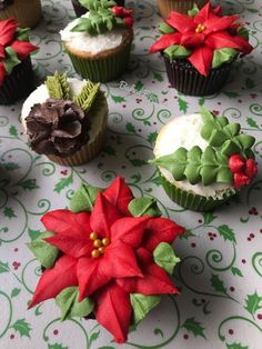 cupcakes decorated with poinsettia and holly leaves on a tablecloth