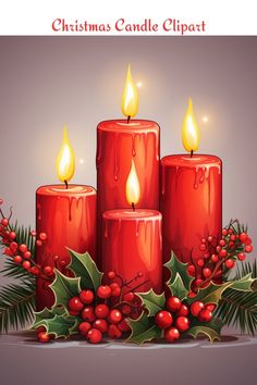 three red candles with holly leaves and berries on the side, surrounded by evergreens