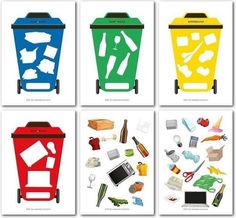 four different types of trash cans with the words recretables para activdad de reclajete