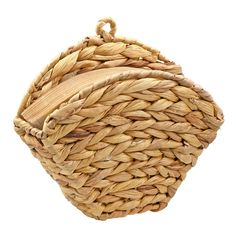 a woven basket is shown on a white background with clippings to the side