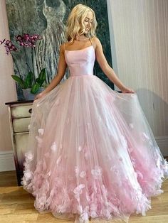 Neckline: BateauSilhouette: A-Line/PrincessBuilt-in Bra: YesSleeve: SleevelessEmbellishment: AppliqueWaist: NaturalBack Style: OtherHemline/Train: Floor-Length Pink Tulle Evening Dress, Tulle Applique, 15 Birthday, Prom Dresses Elegant, Tulle Evening Dress, Pink Prom Dress, Evening Dress Floor Length, Dream Dresses, Prom Dresses Sleeveless