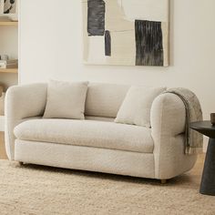 a living room scene with focus on the sofa