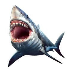 a large shark with its mouth open and it's teeth wide open to the side