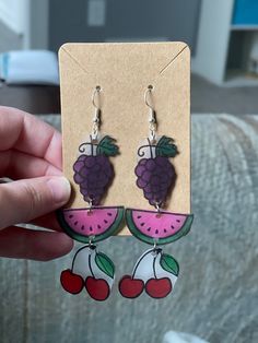 3 drop dangly earrings. The fruit can be exchanged if specified in the notes. Otherwise it will be the fruit in the picture :) Shrinky Dink, Dangly Earrings, The Fruit, Jewelry Earrings Dangle, Etsy Earrings, Dangle Drop Earrings, Dangle Earrings, Jewelry Earrings, Gift Card