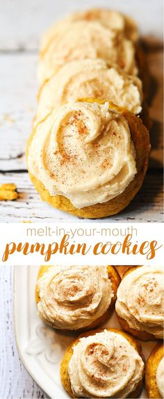 pumpkin cookies with cream cheese frosting are on a white plate and the words melt in your mouth pumpkin cookies