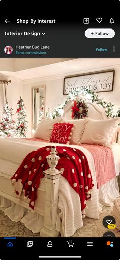 a bedroom decorated for christmas with red and white decor