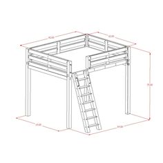 a drawing of a loft bed with stairs to the top and bottom bunk below it