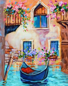 a painting of a gondola in front of a building with flowers on it