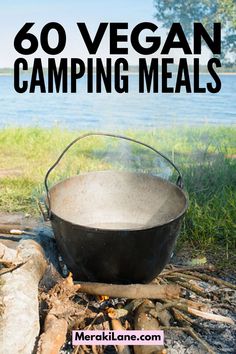 an iron skillet sitting on top of a campfire with the words, 60 vegan camping meals