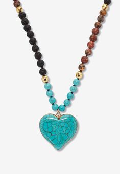 Invite love into your life with this colorful beaded heart pendant necklace featuring genuine turquoise, brown jasper, and black lava stone beads. These Brown Jasper, Beaded Heart, Heart Gemstone, Old Jewelry, Genuine Turquoise, Drawstring Pouch, Lava Stone, Heart Pendant Necklace, Gemstone Necklace