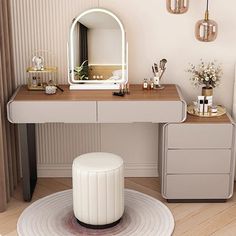 a dressing table with stool and mirror in a room