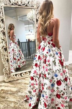 A-Line Strapless High Low White Printed Prom with Pockets Floral Party Dress - Prom Dresses Prom Dress With Pockets, Vestido Charro, Floral Print Prom Dress, Printed Prom Dresses, Formal Ball Gown, Floral Prom Dresses, Floral Party Dress, High Low Prom Dresses, Dresses With Pockets