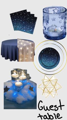 a table with candles, plates and napkins on it in the shape of stars