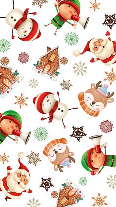 christmas wallpaper with santa claus, reindeers and snowflakes on white background