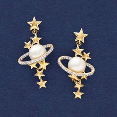 Ross-Simons - 7.5-8mm Cultured Pearl, .15ct t. w. Diamond Star, Planet Drop Earrings. These stellar earrings are out of this world! 7.5-8mm cultured freshwater button pearls are encompassed by a ring of .15 ct. t. w. diamonds with 14kt yellow gold stars, creating a cosmic addition to any ensemble. Pair with the matching pin (915521) for a galactic look. 1 1/8" hanging length. Post/clutch, white pearl and diamond star and planet drop earrings. Pearl birthstones are the perfect gift for June birth Celestial Earrings With Diamond Accents For Anniversary, Drop Earrings Pearl, Pearl Birthstone, Freshwater Pearls Earrings, Earrings Pearl, Diamond Star, Tech Fashion, Gold Stars, White Pearl