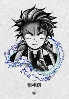 a drawing of an anime character with his eyes closed and hair blowing in the wind