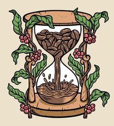 an hourglass with coffee beans in it and leaves on the sides, surrounded by berries