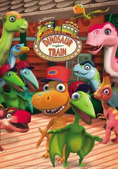 the dinosaur train movie poster with many different dinosaurs in front of a sign that says, do