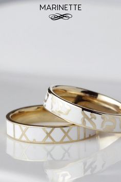 "This elegant band is one of my collection's favorite pieces. Choose the words, the names or the dates that matter most to your heart and display them on this beautiful band in 14K gold and white enamel. This ring is made to order, specially to your measurements. 4.3 mm wide. Available in yellow, white, or pink 14K gold. Just send me a message for more information. IMPORTANT: To avoid any mistake, please let me know the following information in the \"note to seller\" section when you order: - Wi Luxury Gold Enamel Ring With Inlay, Luxury Gold Enamel Ring With Diamond Accents, Luxury Round Enamel Ring For Wedding, Luxury Unique Enamel Ring For Anniversary, Luxury Gold Enamel Engagement Ring, Luxury Round Enamel Ring For Formal Occasions, Luxury Enamel Open Ring For Wedding, Luxury Unique Enamel Ring For Wedding, Luxury Yellow Gold Minimalist Enamel Ring