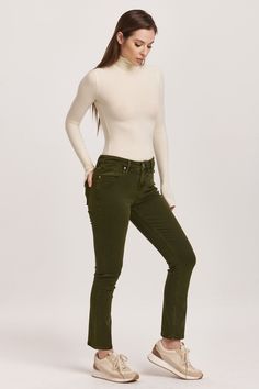 image of a female model wearing a BLAIRE MID RISE SLIM STRAIGHT JEANS PINE DEAR JOHN DENIM Chic Straight Leg Khaki Jeans, Khaki Stretch Jeans For Fall, Slim Fit Straight Bottoms For Fall, High Rise Green Flare Jeans For Fall, Green Straight Leg Jeans For Spring, Trendy Slim Pants For Fall, Trendy Slim Fall Pants, High Rise Green Pants With Five Pockets, Mid-rise Khaki Jeans For Fall