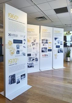 an exhibit room with white walls and wood flooring, including posters on the wall