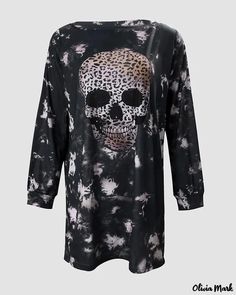 Olivia Mark - Cheetah Skull Print Halloween Long Sleeve Sweatshirt Dress Winter Oversized Skull Print Tops, Fall Streetwear Top With Skull Print, Long Sleeve Tops With Skull Print, Edgy Long Sleeve Halloween Tops, Long Sleeve Grunge Tops With Skull Print, Grunge Long Sleeve Tops With Skull Print, Casual Skull Print Top For Fall, Spooky Black Long Sleeve Top, Casual Skull Print Tops For Winter