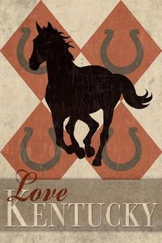 a black horse with the word love kentucky on it's face is in front of an orange and white checkered background