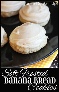 soft frosted banana bread cookies on a black plate with the title text above it