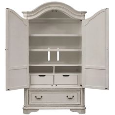 a white armoire with two drawers and one door open to show the inside of it