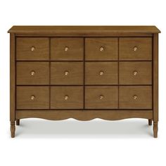 a wooden dresser with many drawers and knobs on the top drawer, against a white background