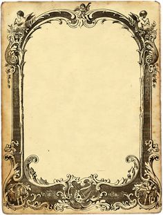 an old fashioned frame with scrolls and flowers on the edges is shown in sepia