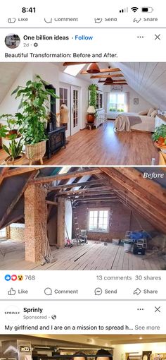 two pictures show the same room in an attic with wood floors and exposed ceilinging