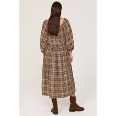 Brown plaid cotton blend (99% Cotton, 1% Elastane). Shift. Long sleeves. Scoop neck. Pull on. 43" from shoulder to hemline. Imported. Casual Plaid Midi Dress For Fall, Casual Plaid Dress With Square Neck For Fall, Midi-length Plaid Dress For Fall, Casual Square Neck Plaid Dress For Fall, Fall Plaid Dress With Square Neck, Casual Gingham Plaid Dress For Fall, Fall Gingham Plaid Midi Dress, Plaid Cotton Midi Dress For Fall, Fall Plaid Cotton Midi Dress