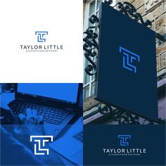 the logo for taylor little is shown on top of a laptop and in front of a building