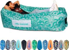 an inflatable bean bag chair is shown with different colors and designs on it