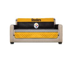 the pittsburgh steeles couch cover is shown with football pillows and pillow cases on it